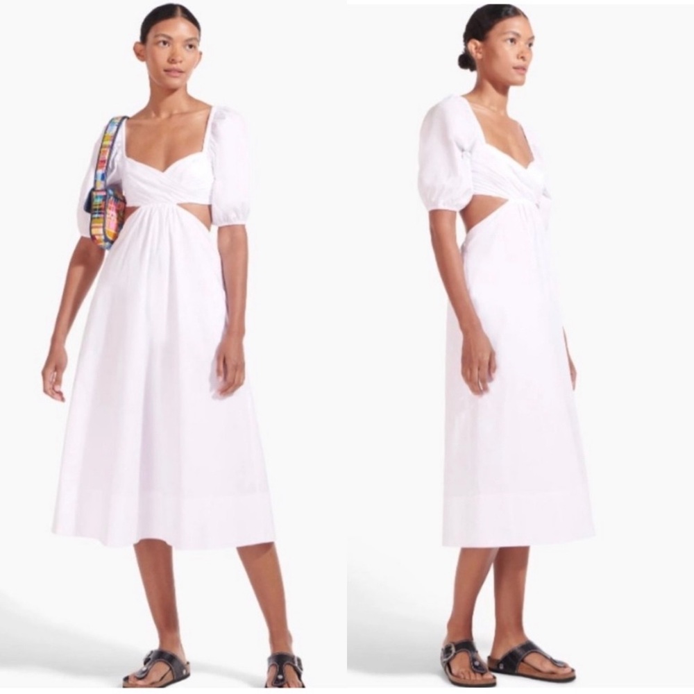 STAUD Carina White Puff Sleeve Cutout Midi Dress NEW